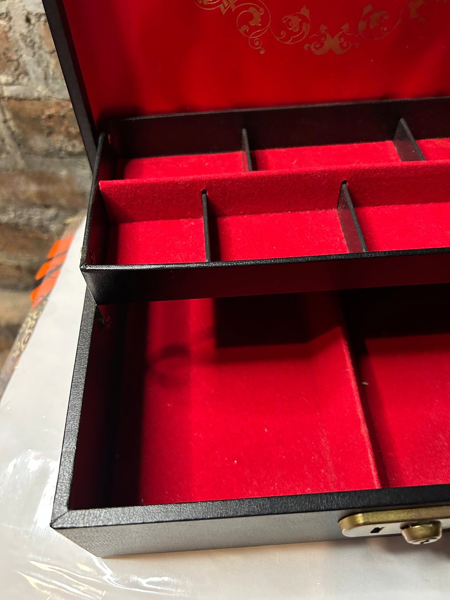 Signed Large Jewellery Box, black with red lining
