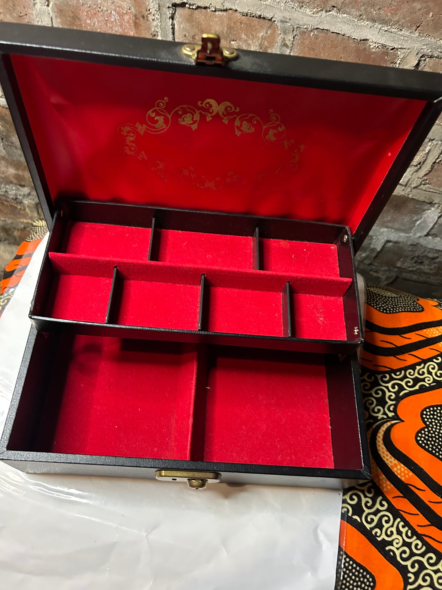 Signed Large Jewellery Box, black with red lining