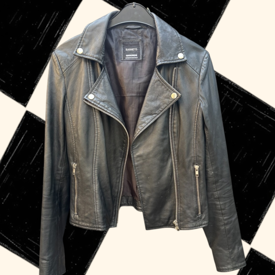 Barneys Originals Black Real Leather Jacket - size 10-12