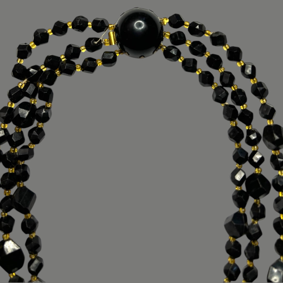 Vintage 50’s Black Irridescent Mis shapen beaded necklace