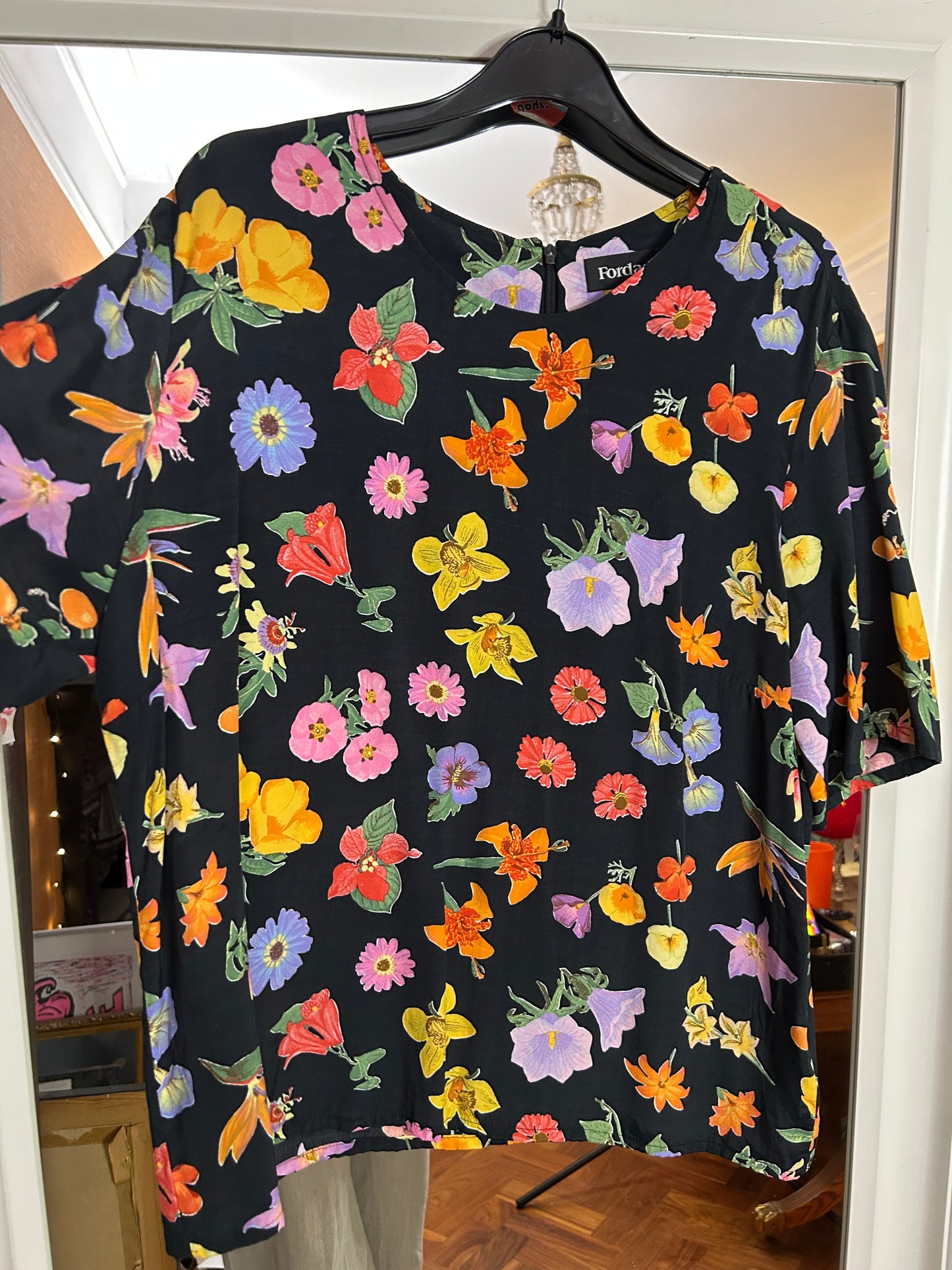 Vintage 80’s Black and vibrant floral print top - up to 14 fit