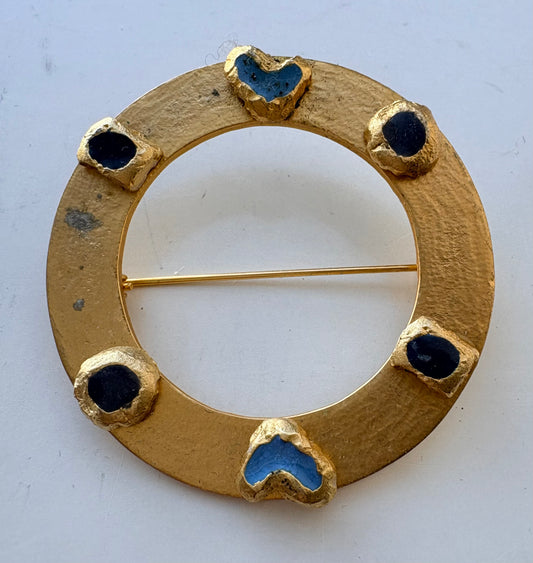 1980’s Gold Tone Blue and Black Hearts Brooch