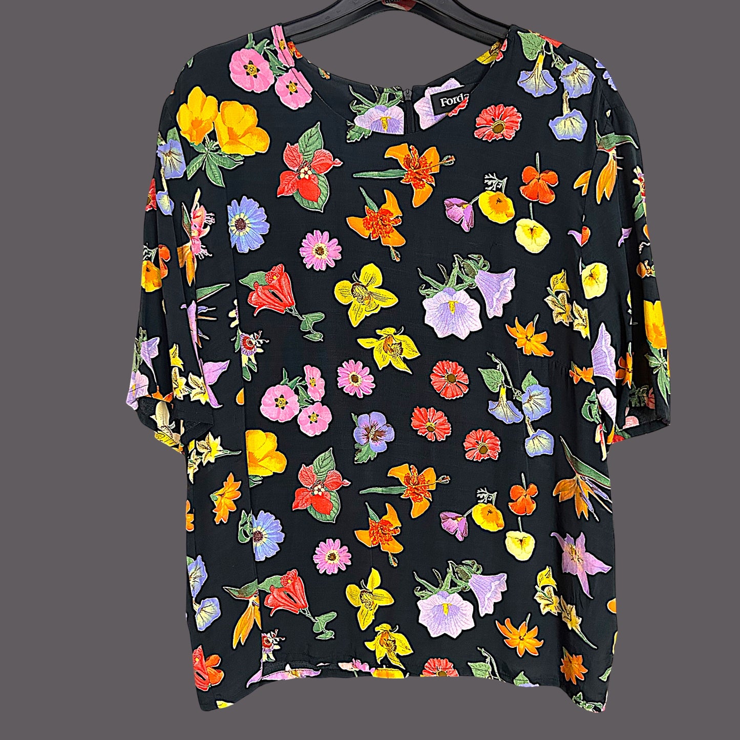 Vintage 80’s Black and vibrant floral print top - up to 14 fit