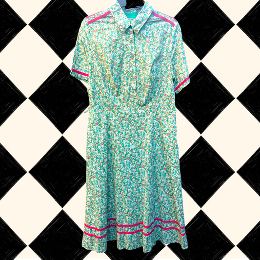 Vintage Cotton Double Stripe Detail Ditzy Dress - size 10-14 fit