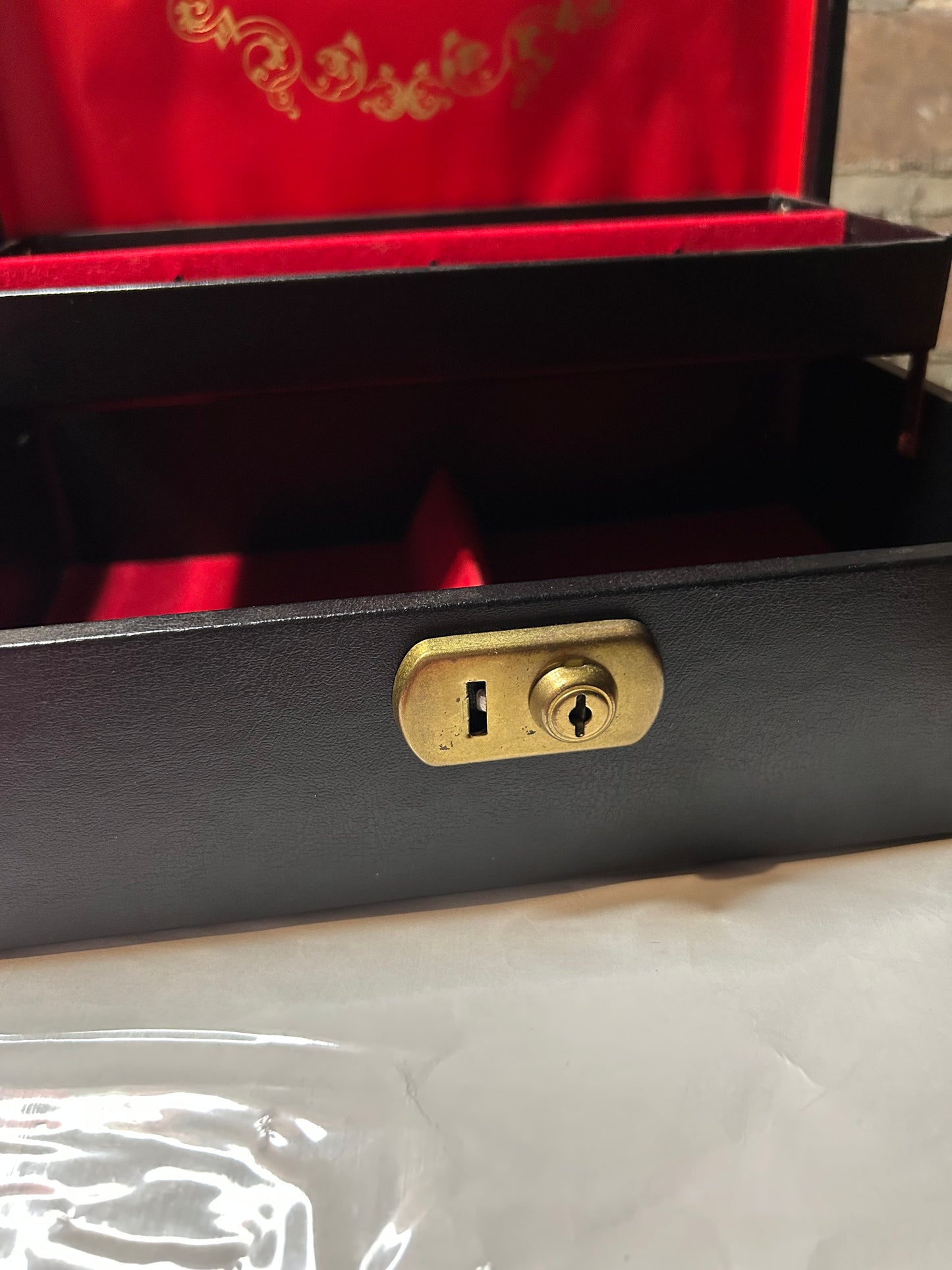Signed Large Jewellery Box, black with red lining