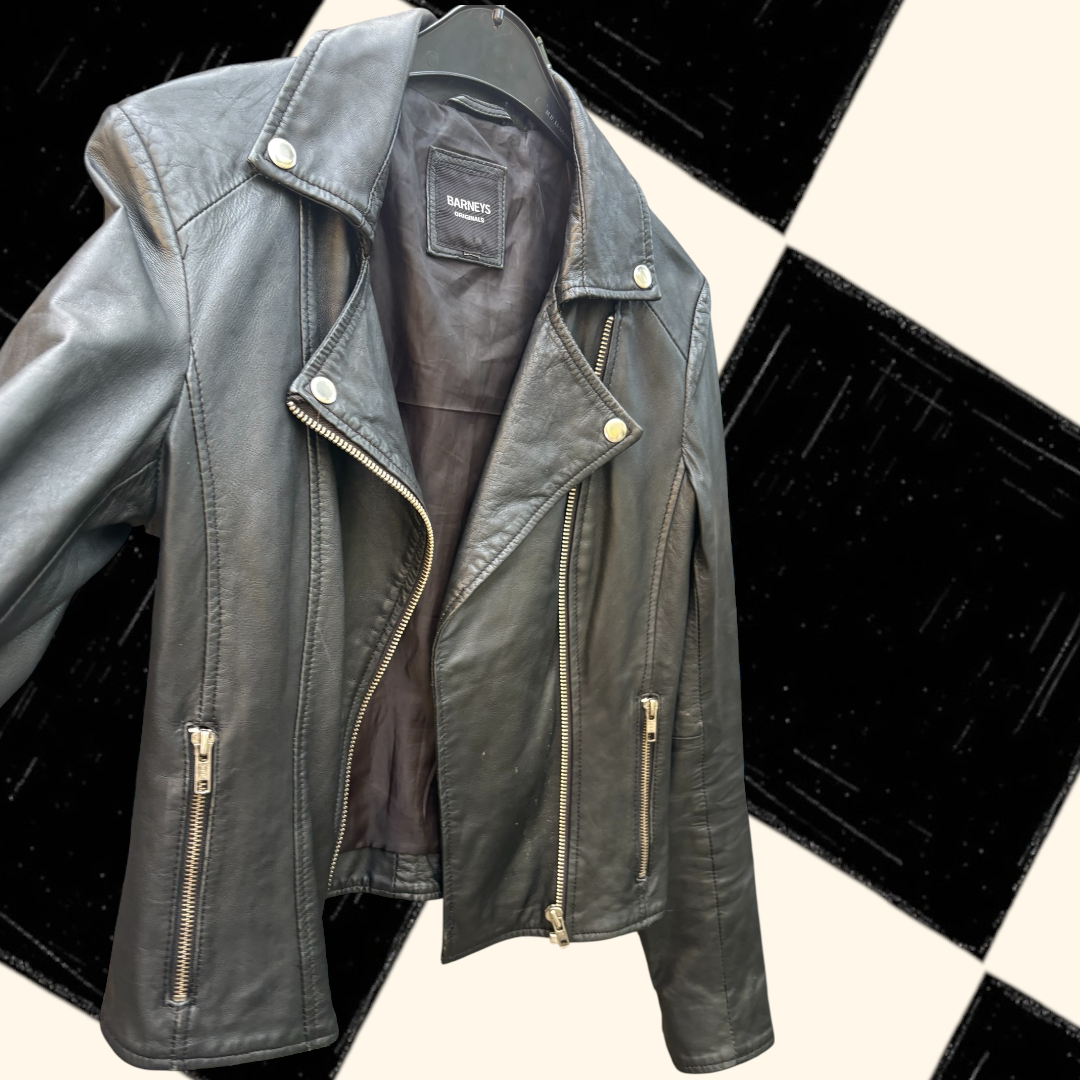 Barneys Originals Black Real Leather Jacket - size 10-12