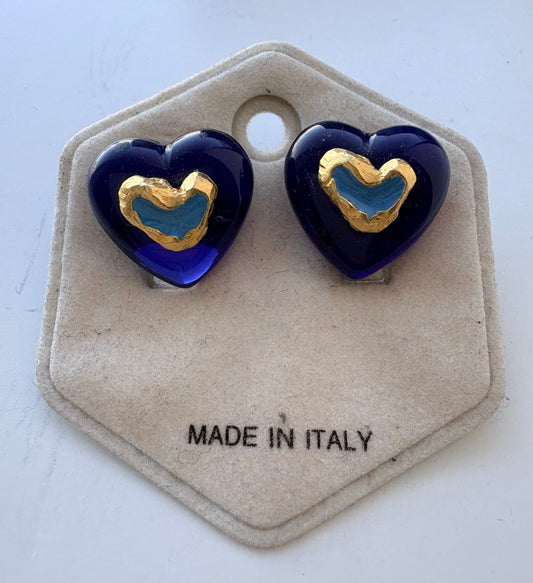 Vintage 80’s Bubble Heart Earrings (post and butterfly) - Blue  and Gold