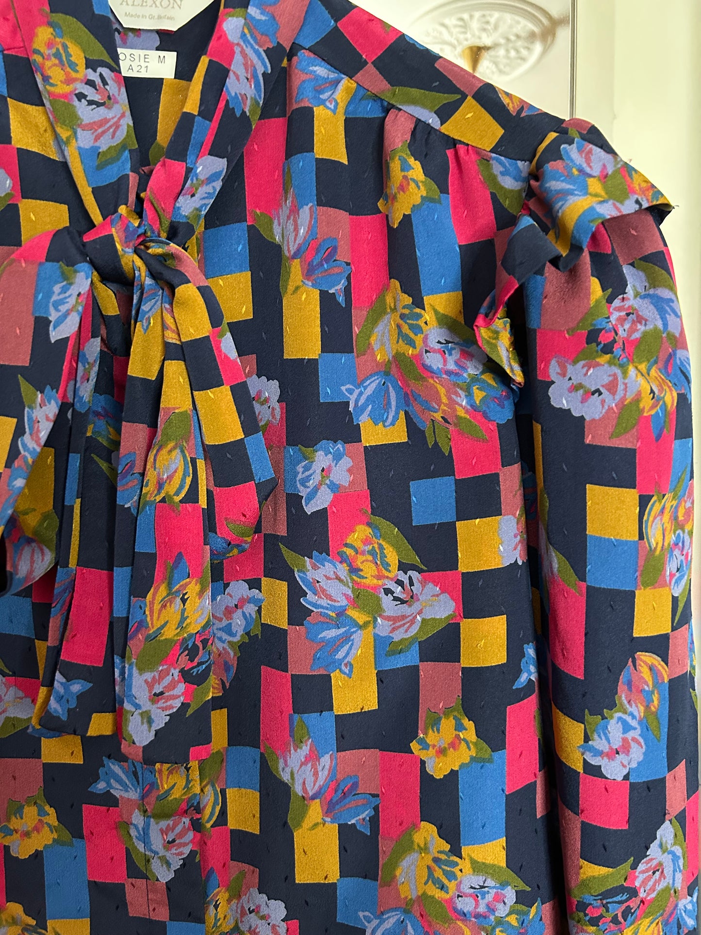 Vintage Multi Colour Jaquard pussy bow blouse - up to size 16