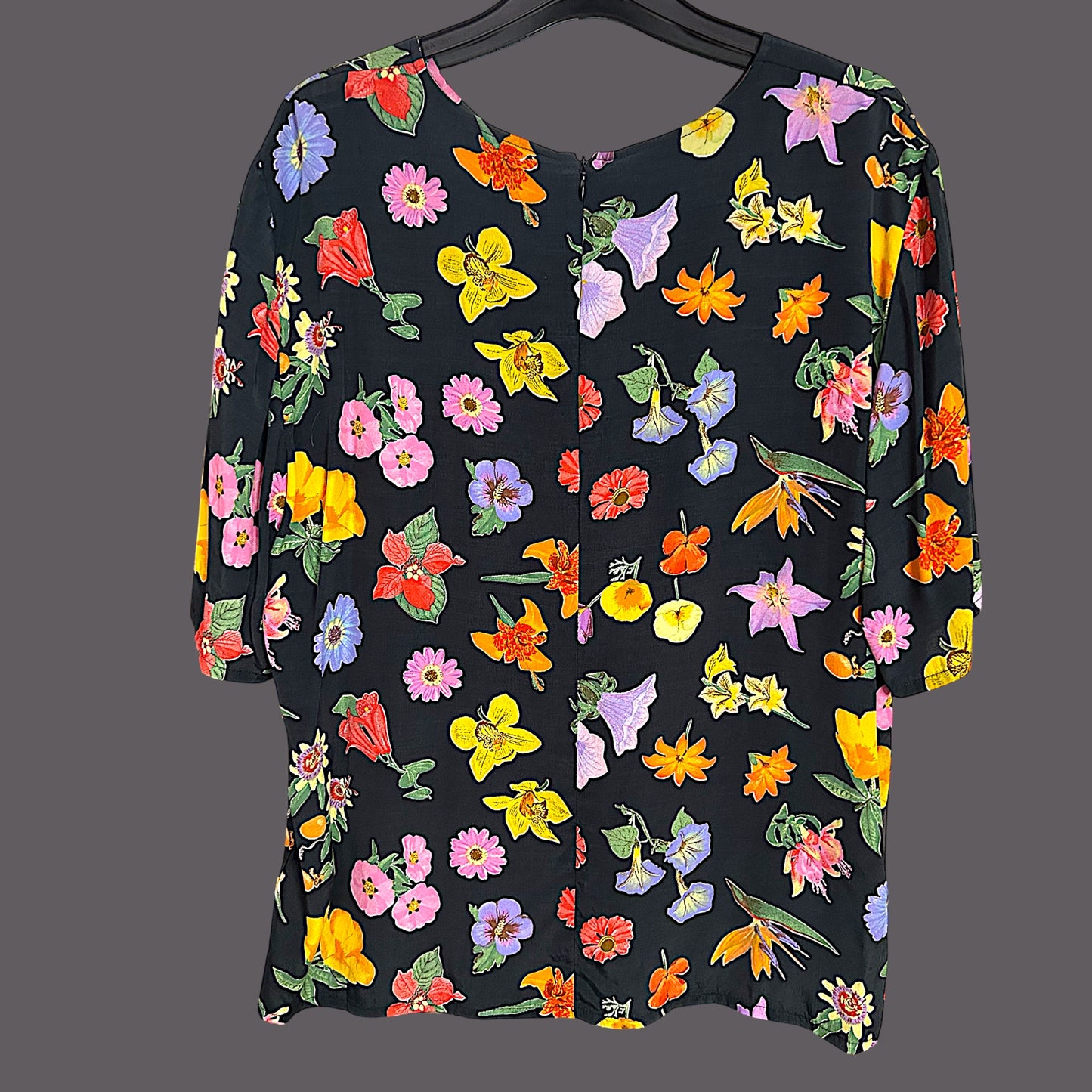 Vintage 80’s Black and vibrant floral print top - up to 14 fit