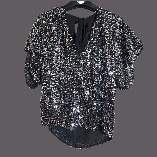 Vintage 90’s Silver Black Super Sparkle Top - size Medium (10-16 fit)