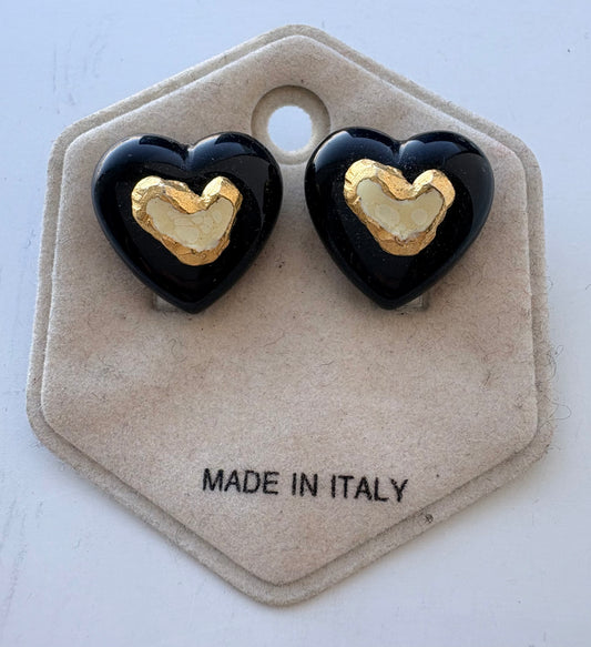 Vintage 80’s Bubble Heart Earrings (post and butterfly) - Black and Gold