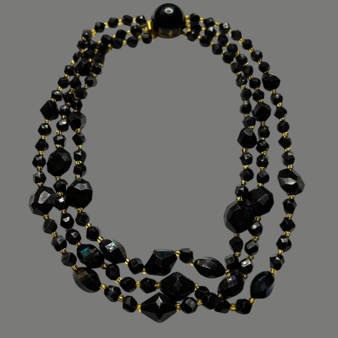 Vintage 50’s Black Irridescent Mis shapen beaded necklace