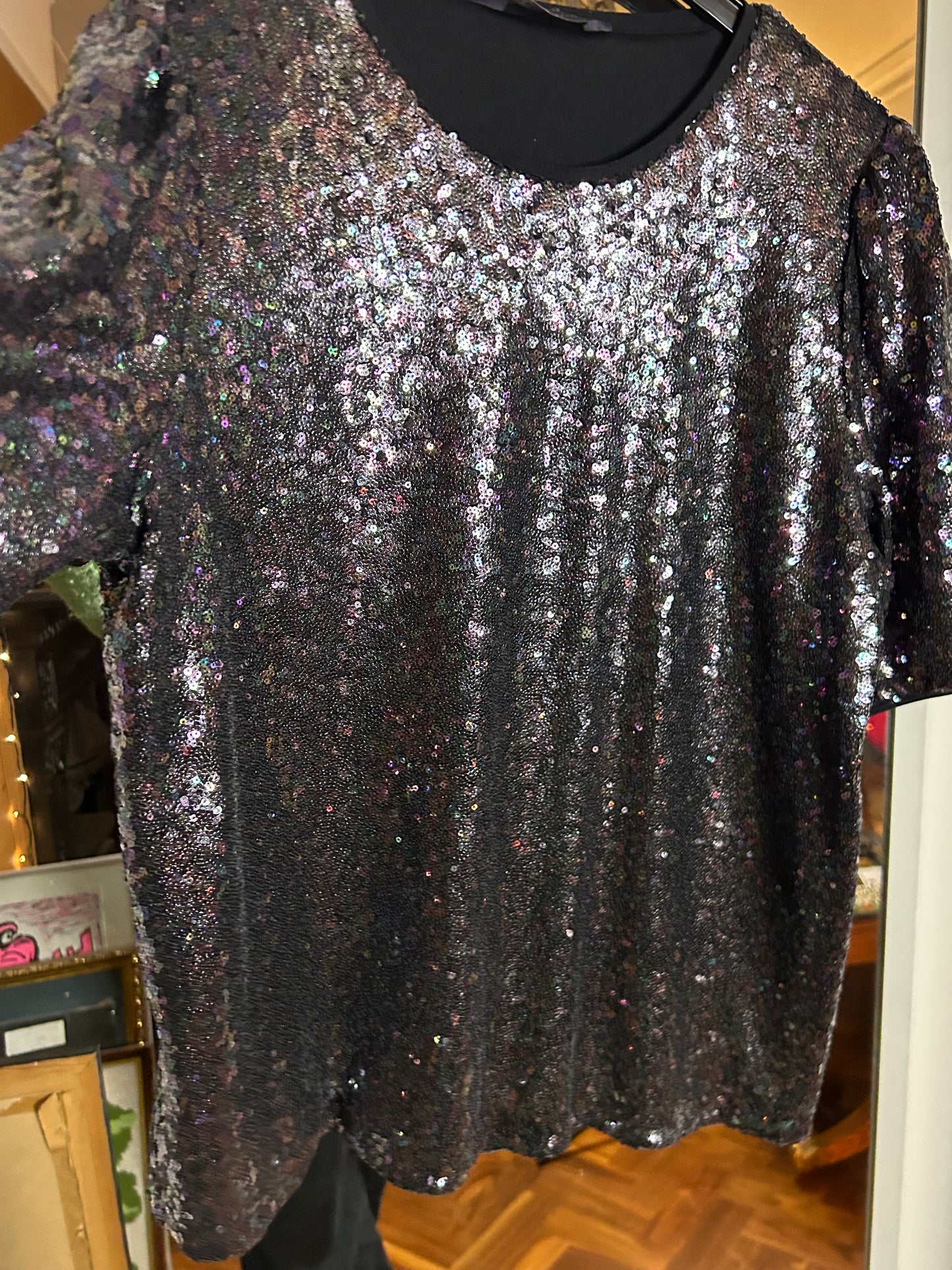 M&S Silvery Black Sequin Top - size 14