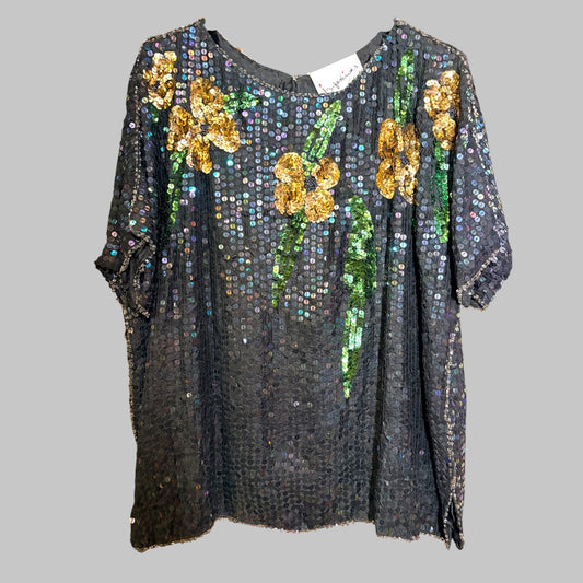 Vintage Arora Borealis Sequin Flower Top - M/L - up to size 16