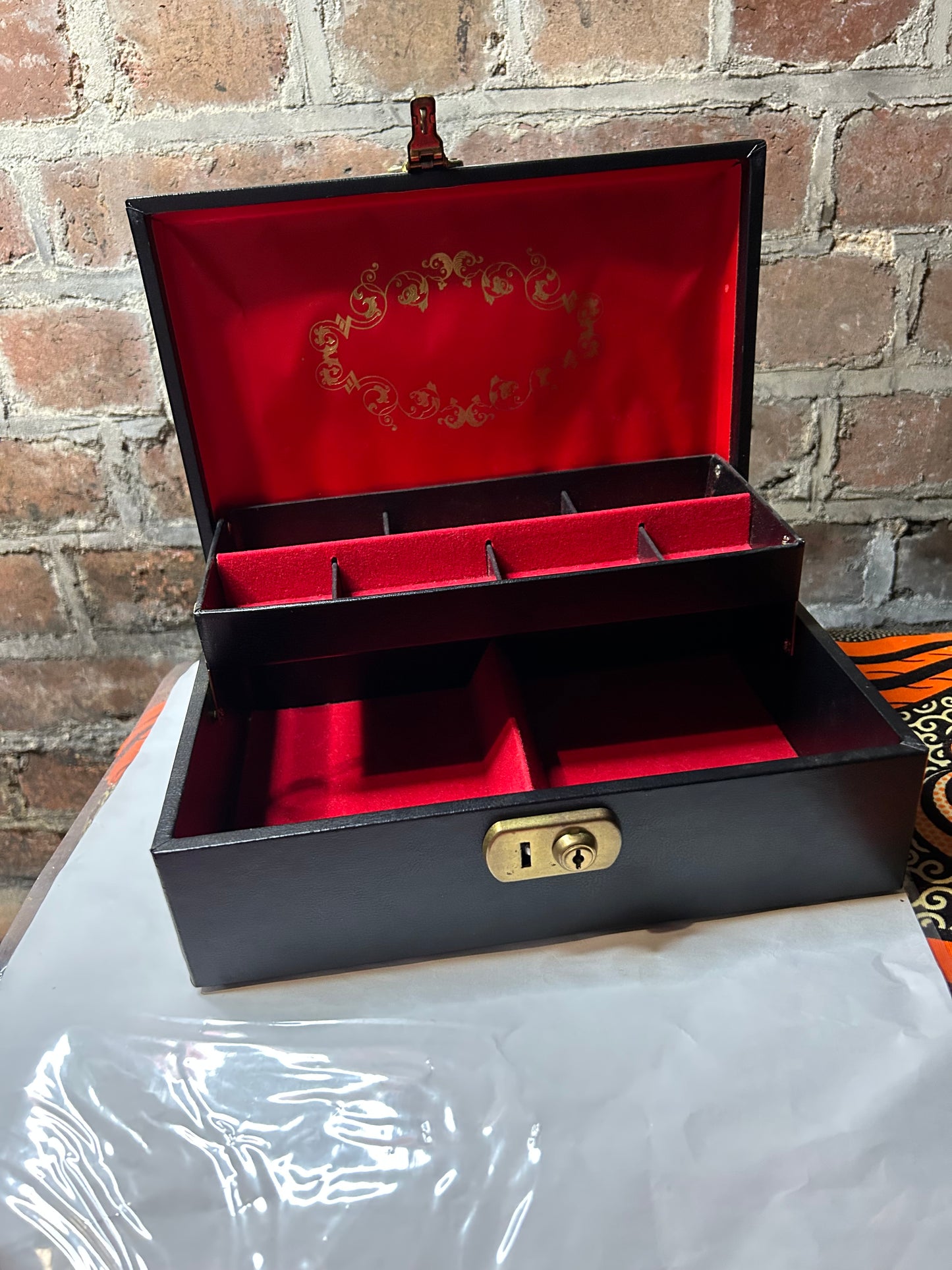 Signed Large Jewellery Box, black with red lining