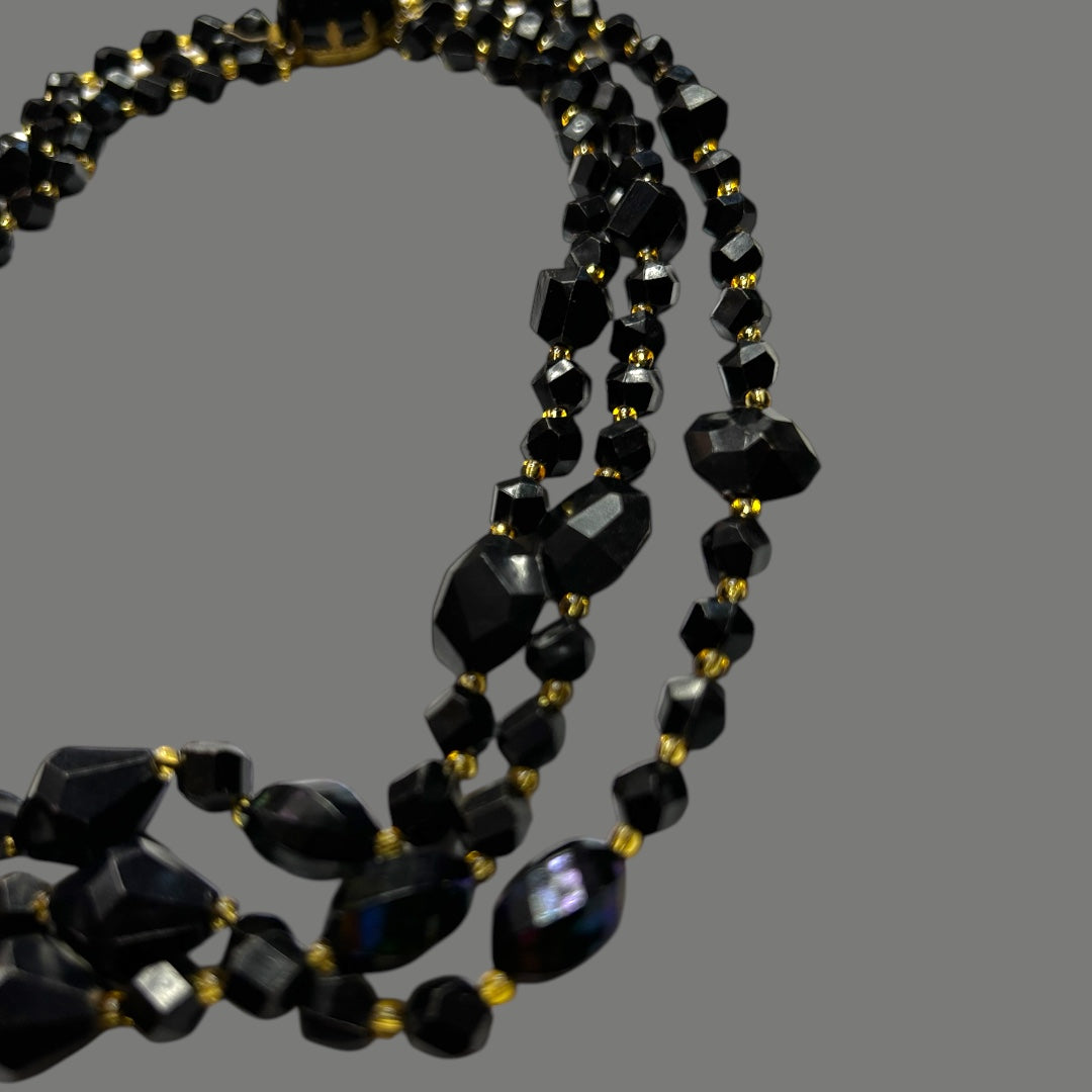 Vintage 50’s Black Irridescent Mis shapen beaded necklace