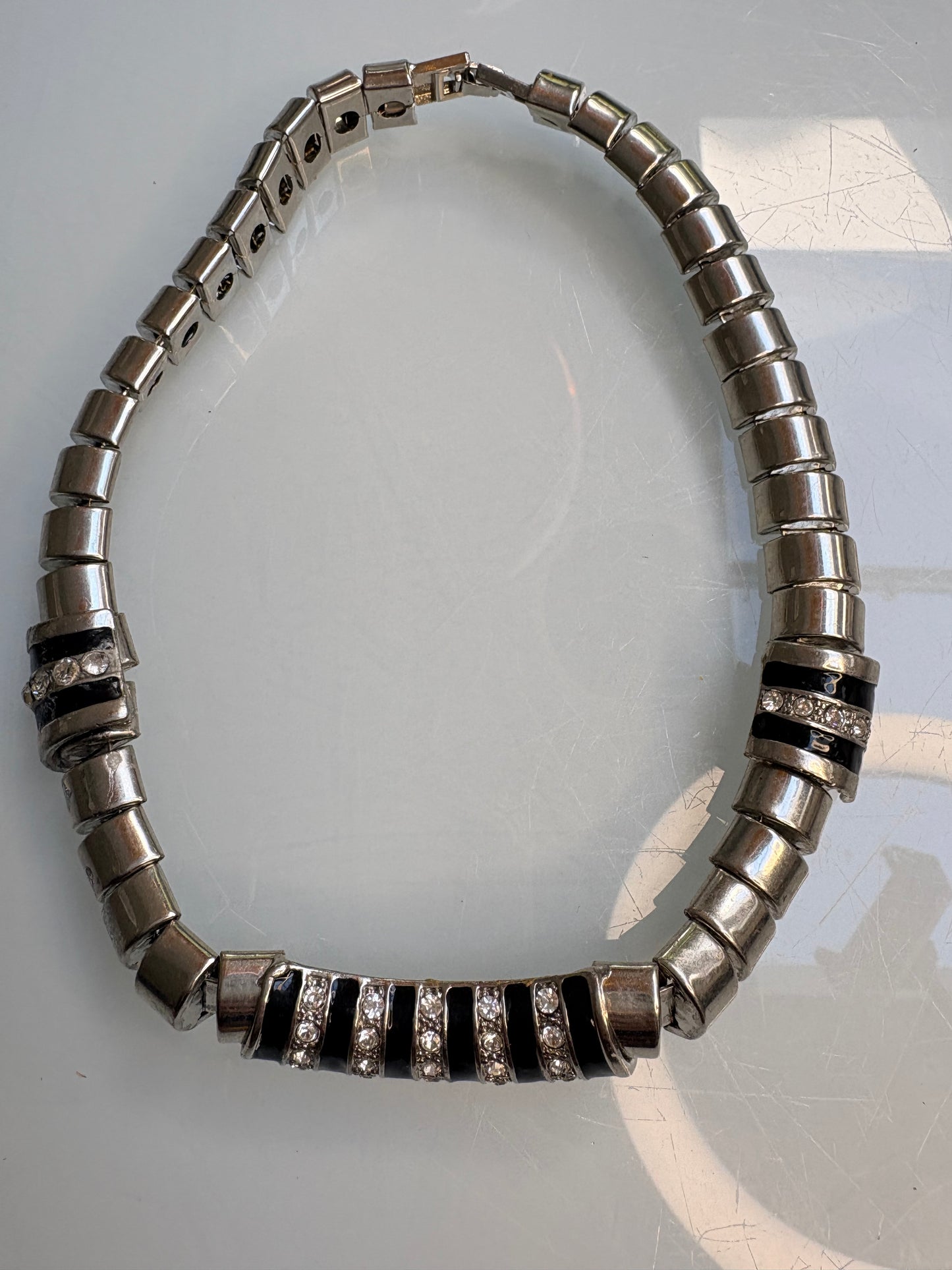 Vintage, 1980’s Modernist Silver Tone and Black Enamel Choker.
